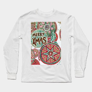 Xmas Baubles 29 Merry Xmas -  Gelli Plate Print and Ink Long Sleeve T-Shirt